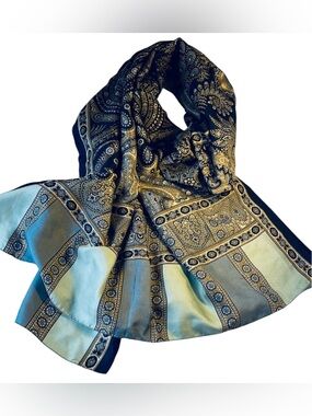 Vintage LIE MILANO Silk Satin Paisley Rectangle Scarf Navy Gold Light Blue
Women